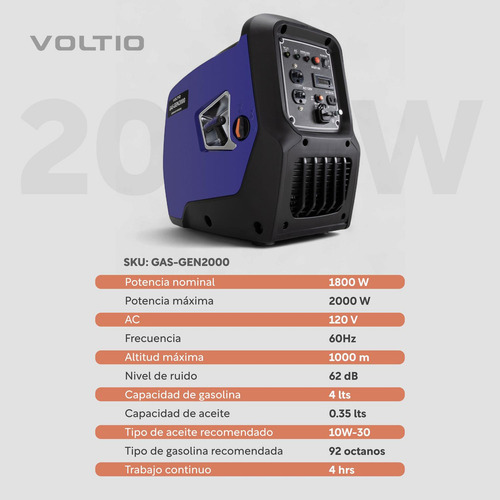 Generador Inverter a Gasolina de Corriente Eléctrica con Capacidad de 4 Litros Potencia de 2000 W Voltaje de 120 V Diseño Compacto Silencioso Inicio de Retroceso Voltio GAS-GEN2000