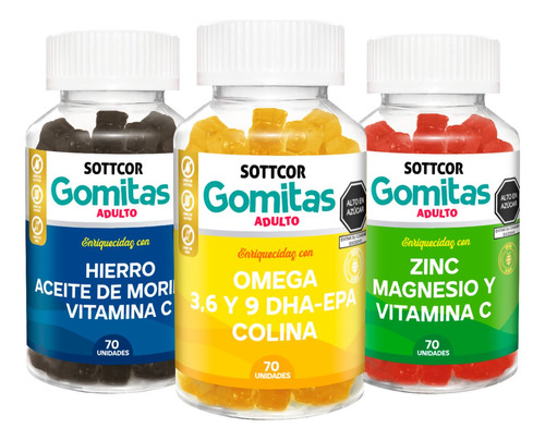 Pack Hierro + Omega + Zinc 100g Para Adultos Gomitas Sottcor