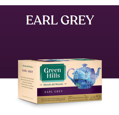 Imagen 2 de 8 de Te Earl Grey Green Hills Blends Saquitos En Sobres