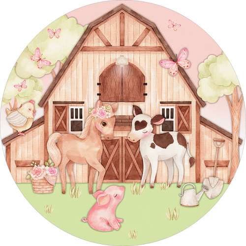 Painel Redondo 3d Fazendinha Em Tecido C/ Elástico - 1,5m Cor Colorido Personagem Fazendinha Aquarela Animais Cute Fundo Rosa Aquarela