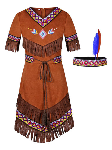 Disfraz De Niña Nativa Americana Con Tocado (marron), 6-7