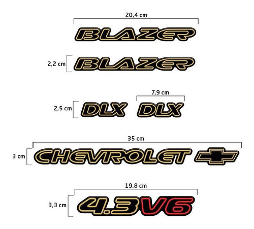 Kit Emblemas Blazer Dlx 1996/99 4.3v6 Adesivo Dourado/preto