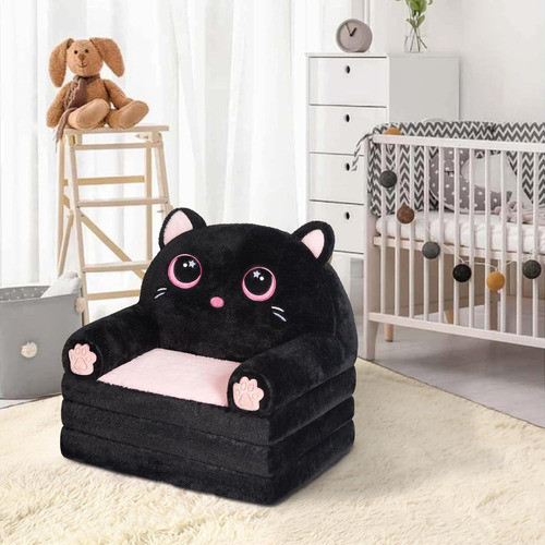 Sofá Plegable Para Niños 2 En 1 Silla Y Sillón De Terciopelo Color Negro Diseño De La Tela Gatito