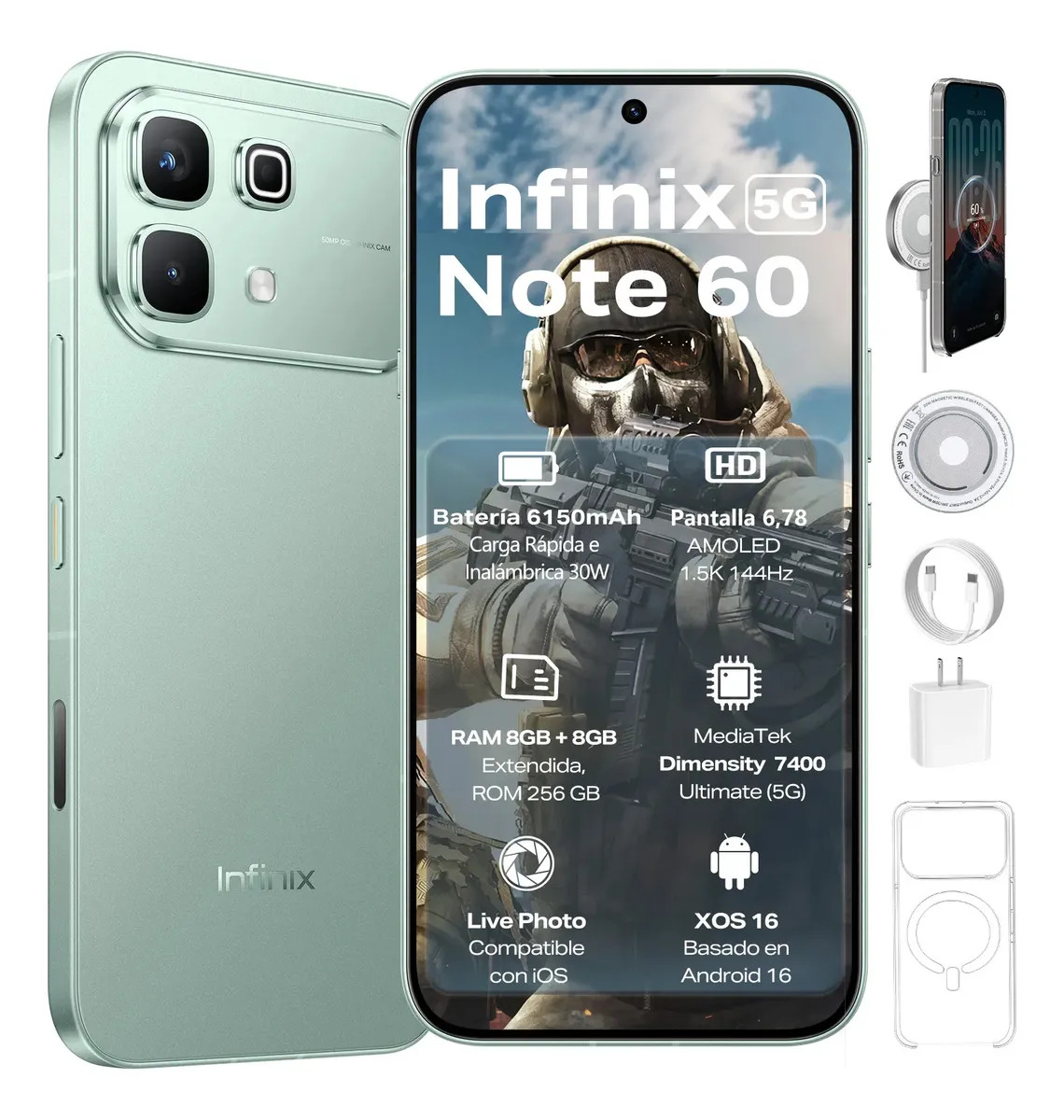 Celular Infinix Note 60 5G 16GB RAM: 8GB+8GB Extendible 256GB ROM, 6,78'' AMOLED 144Hz 1.5K, 6150mAh 30W Inalámbrica 45W Carga Rápida, Ai Smartphone Dual SIM, Cámara 50MP+13MP Live Photo, Fizz Azul