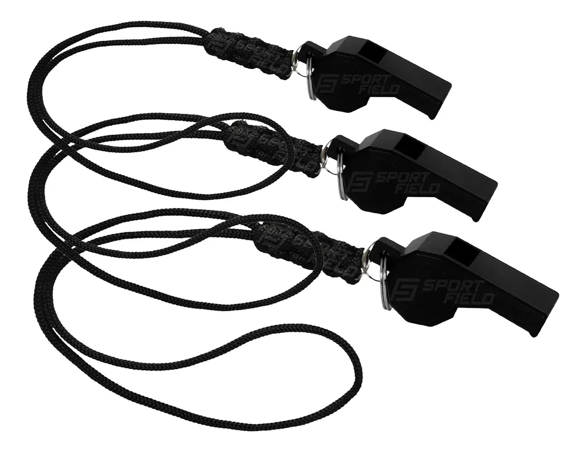 Apito Plástico Esportivo Com Cordão - 3 Unidades Preto