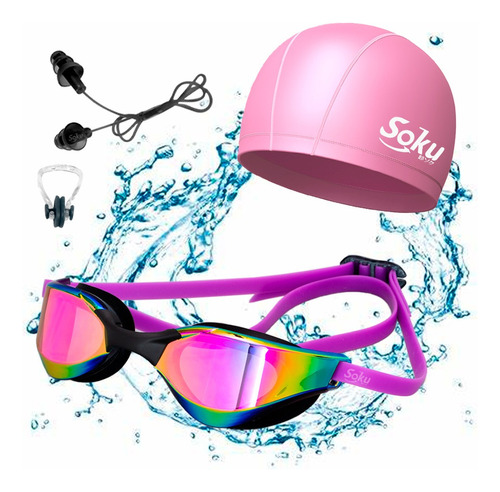 Kit Natación Profesional Gafas Polarizado Gorra Mujer Hombre Color Rosa