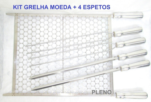 Kit Grelha Moeda + 4 Espetos Duplo E Simples Para Churrasco 