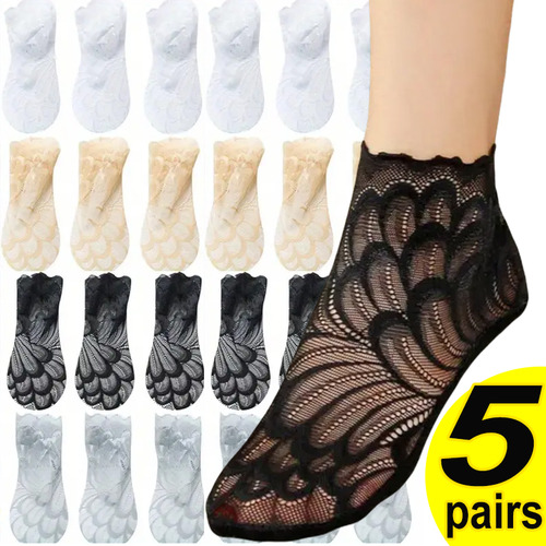 5 Pares De Calcetines Sexy De Encaje Invisible Para Mujer, D