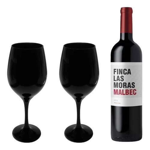 Set Vino Finca Las Moras + 2 Copas Vidrio Barone Negra 490ml