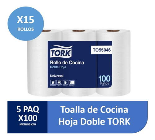 Toalla De Papel Tork 100m. Hoja Doble 5 Packs X 3 Rollos