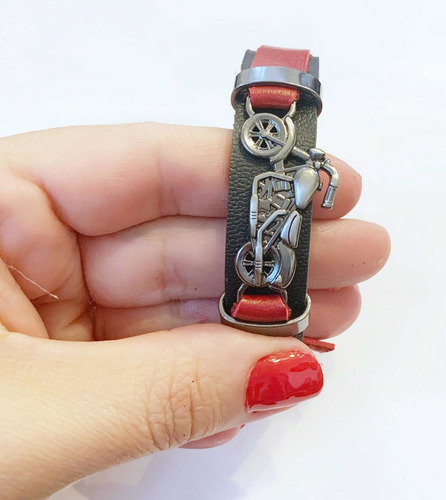 Pulseira Couro Vermelha/preto Moto Rock