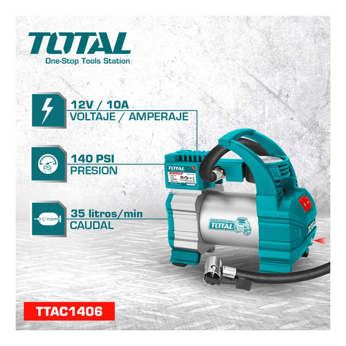 Compresor 12 v. 140 psi total ttac1406 Color Turquesa Fase eléctrica Monofásica Frecuencia 50HZ