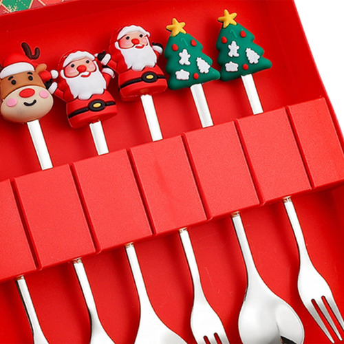 Juego De 6 Cucharas Y Tenedores Navideños Con Caja Rojo 6b