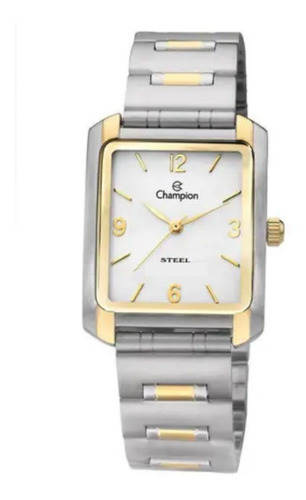 Relogio Masculino Champion Quadrado Prata Com Dourado + Nf
