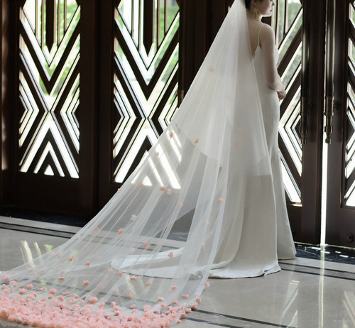 Velo De Novia Mantilla Catedral Boda Con Flores 3d Rosadas Blanco