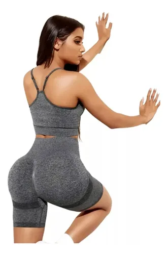 Conjunto Deportivo Short Push Up Levanta Cola+ Crop Top Gris