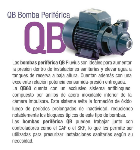 Imagen 5 de 7 de Bomba Periférica Pluvius QB60 - 220V - 50 Hz - 0.5 hp - Monofásica