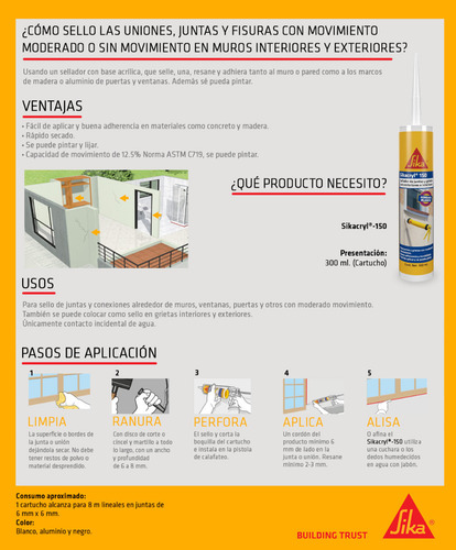 Silicón Sellador Grietas Sikacryl150 300ml Interior/exterior