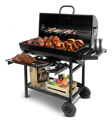Asador De Carbón Tipo Barril Con Ruedas Acero Inoxidable Parrilla Para Jardin Kitzo