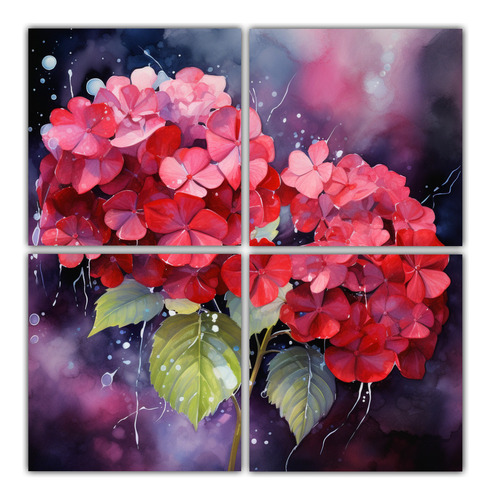 60x60cm Cuadros De Hortensias Rojas Y Negras Bastidor Madera