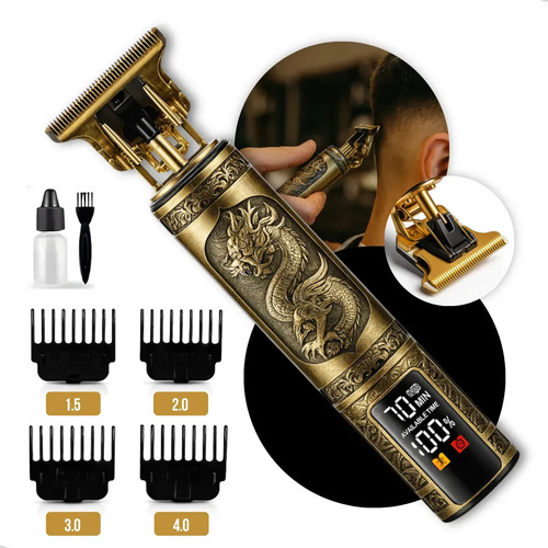 Maquina De Cortar Cabelo Barbear Sem Fio Maquininha Dragão Elétrica Aparador De Pelos Acabamento Depilador 4 Pentes Intimo Masculino Motor Recarregável Usb Tipo C Dourado Nixzen