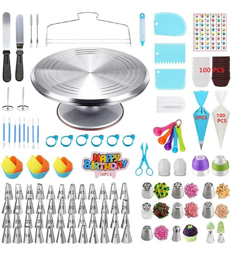 Kit Decoracion Pasteles 357 Piezas Con Plato Giratorio Aleac