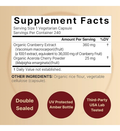 Cranberry 36.000 Mg Concentrado Com Acerola 240 Cáps. * Eua Vegano