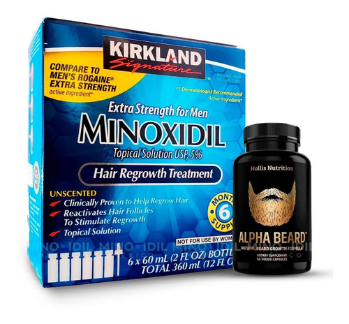 Imagen 1 de 5 de Minoxidil 5% + Alpha Beard Suplemento Premium Barba 60 Caps