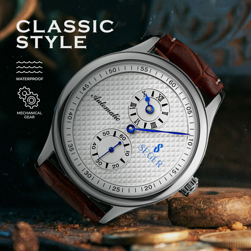 Reloj Hombre Seger 9238 Original Eeuu Cuero Elegante Color De La Malla Marrón Color Del Bisel Plateado