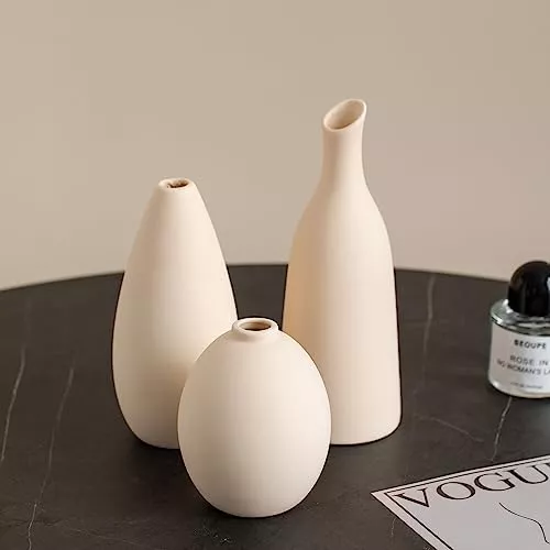 Jarrón de cerámica beige para decoración del hogar, juego de 3 jarrones de  flores pequeños para granja rústica moderna, jarrón decorativo neutro para