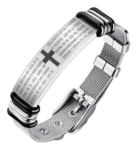 Regalo Pulsera Hombre Cruz Acero Padre Nuestro Latín Español