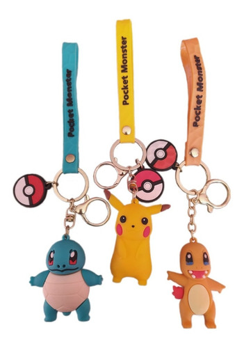 Kit 3 Llaveros Silicona, Pokemon Charmander Pikachu Squirtle