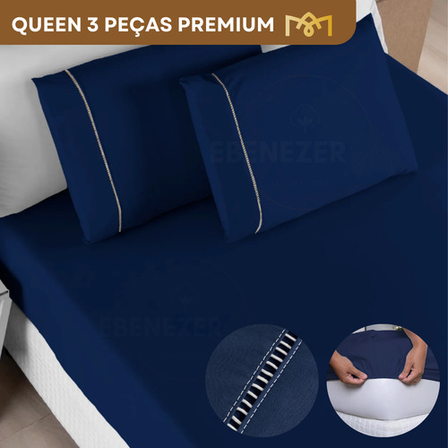 Jogo De Cama Queen C/ Elástico 400 Fios Fronha Ponto Palito 3 Peças Toque Suave Macio Premium Cor Azul Marinho