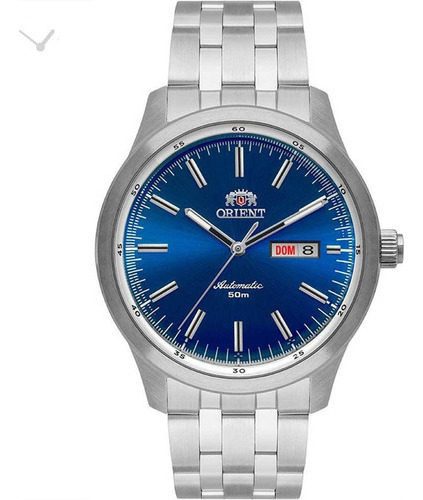 Relógio de pulso Orient Automático F49SS004 D1SX com corpo prata,  analógico, para masculino, fundo  azul, com correia de aço inox cor prateado, bisel cor prateado