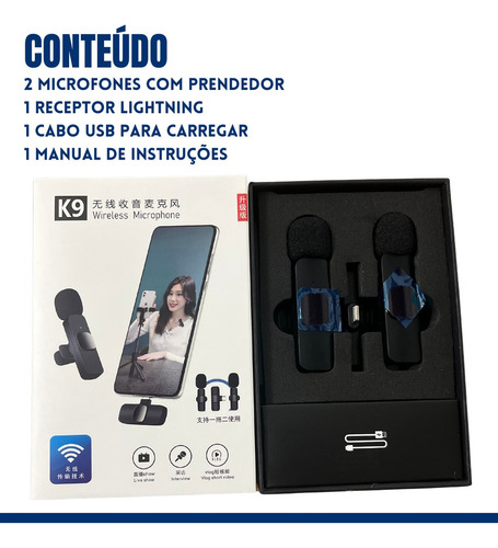 Microfone Profissional Sem Fio Duplo Lapelak9 Iphone 14 Ios Conector De 8 Pinos ( Iphone )