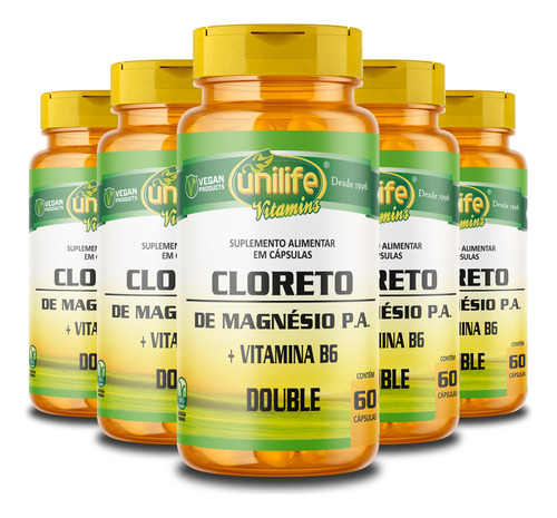 Kit 5 Cloreto De Magnésio P.a. 800mg Unilife 60 Cápsulas Sabor Sem sabor