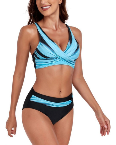 Bikini Traje De Baño Muer Playa Sexy Cintura Alta Retro Azul