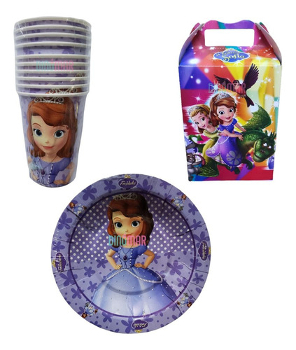 Princesa Sofia. Kit Para 30 Niños. Platos, Vasos, Caja Dulce