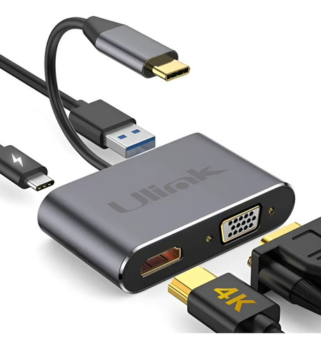 Hub Adaptador 4 En 1 Usb-c A Hdmi 4k + Vga + Usb 3.0+ Usb C