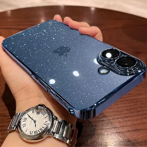 Funda Para Iphone 15 16 Con Brillos Y Protector De Cámara Azul Iphone 15 Pro