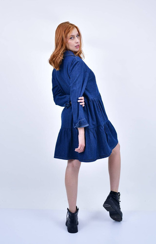 Vestido Jean More Volado En Falda, Botones Al Frente