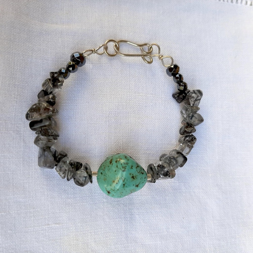 Pulseira Turquesa Pura Ágatas Hematitas E Alpaca