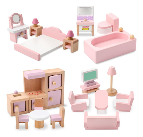 Completo Set Muebles De Madera Para Casa Muñecas 22 Piezas