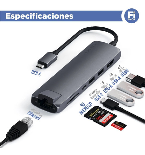 Imagen 2 de 9 de Hub Adaptador Usb-c - Hdmi 4k / Usb 3.0 / Red / Sd Msd - Sat