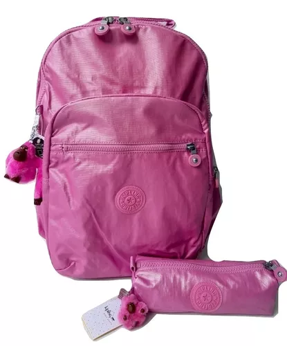 Kipling Set Mochila Seoul Lapicera Original Rosa Metálico Meses sin intereses