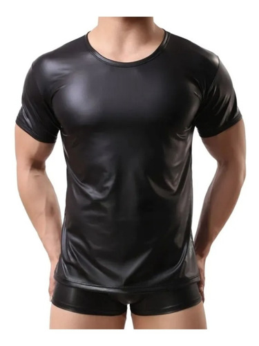 Sexy Camiseta De Cuero Imitacion Masculino Manga Corta 