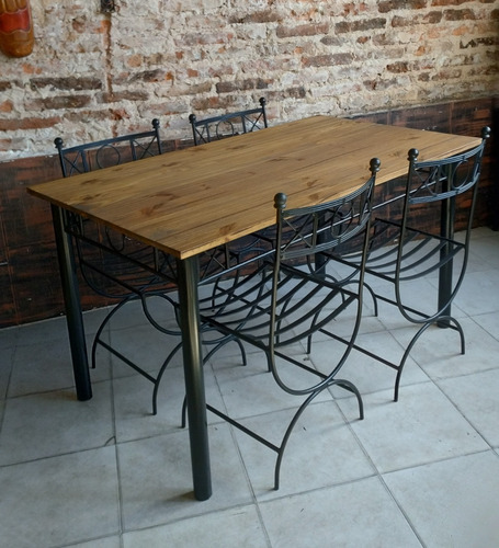Mesa 140x80 Madera Maciza Hierro Forjado + 4 Sillas Romanas