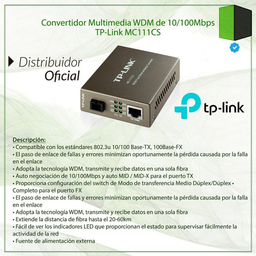 Convertidor De Medios Tp-link Mc111cs Mono Modo Wdm Conector