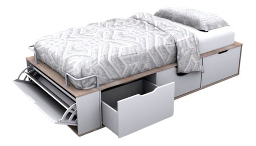 Cama 1 Plaza Madera Laqueada Cajonera Zapatero - 200x100cm Color Barrique