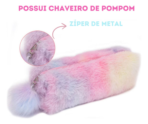 Estojo Escolar Pelúcia Fofo Com Pompom Cores Pastéis